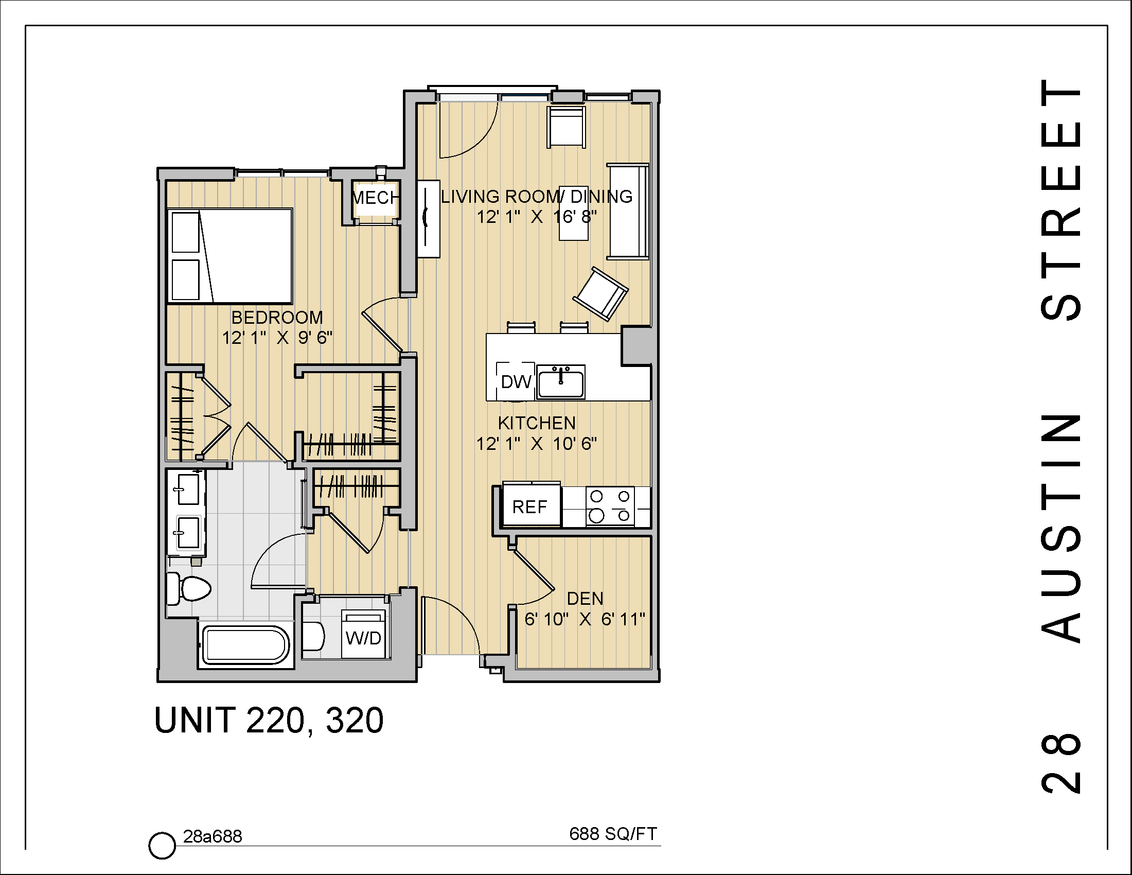 Floor plan for 1 bed, 1 bath, 688 sqft